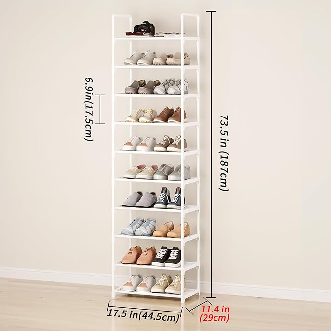 10-Tier Tall Shoe Rack, Adjustable 20-25 Pairs Shoe Shelf Storage Organizer for Entryway Hallway Closet Bathroom Living Room (White)