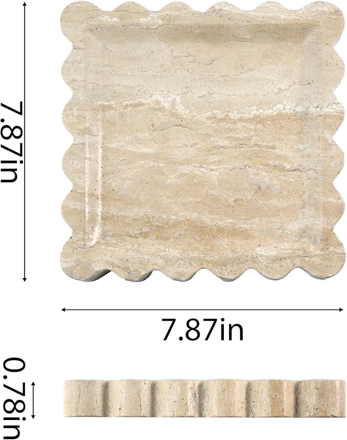 Elegant Square Marble Decorative Tray with Scalloped Edge Natural Stone Vanity Tray Organizer for Counter, Vanity, Dresser, Nightstand, Bathroom & Kitchen Sink(Beige Travertine)