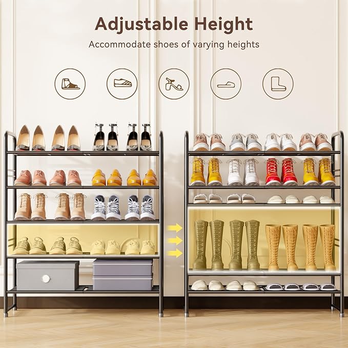 5 Tier Stackable Shoe Rack, 32.5" Wide All Metal Free Standing Shoe Storage Organizer for Entryway, Closet, Black