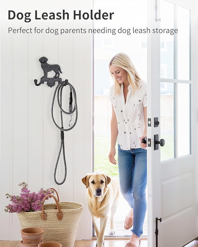 Cast Iron Dog Wall Hooks for Hanging, Heavy Duty Dog Leash Holder for Wall Mount Coat Hooks Decorative Key Hanger Vintage Farmhouse Entryway Cute Animal Decor Rustic Black 1 Pack