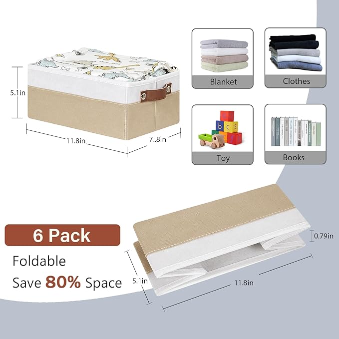 HNZIGE Collapsible Storage Bins, 6 PCS Fabric Small Storage Bins for Organizing Shelves, White&Beige, 11.8 x 7.8 x 5.1 inches
