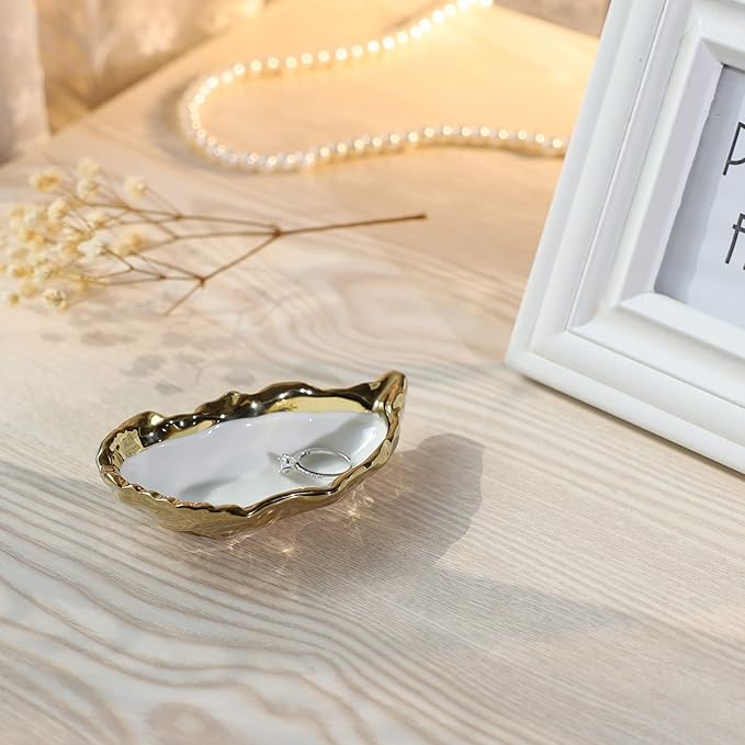 HOME SMILE Oyster Shell Ring Dish,Jewelry Dish Tray, Trinket Tray, Long Distance Friendship Gifts for Women,Ceramic Gold