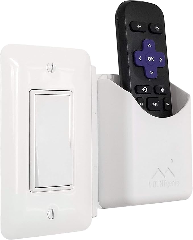 The No-Screwups Remote Control Holder by Mount Genie (White): Wall Mount with No Damaging Screws or Tape. Installs in Seconds on Any Light Switch. Great for TV, Ceiling Fan and Roku Remotes.