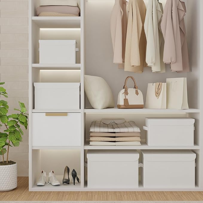 Fabric Storage Bin with Lid, Closet Boxes with Cover, Collapsible Stackable Organizer Basket with 2 Handles, for Home and Bedroom, 4 Pack, White, 10.2 x 7.9 x 6.7 In, XSNY12WS-4