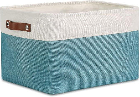 DULLEMELO Fabric Storage Basket for Shelves/Closets, Collapsible Rectangle Basket for Organizing Clothes, Toys, Towels, Books, Laundry, Nursery, Dog Toy Basket Empty (White&Teal)