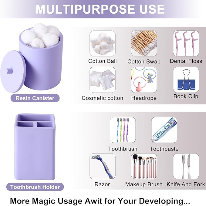Resin Purple Bathroom Accessories Set 6Pcs - Lotion Soap Dispenser, Toothbrush Holder, Bathroom Tumbler, Qtip Holder & Vanity Tray, Modern Bathroom Countertop Organizer for Home