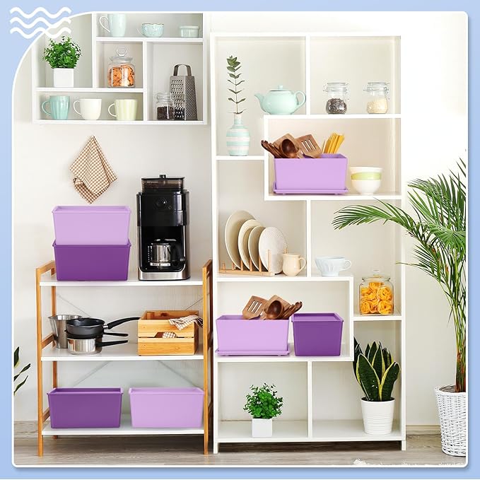 Menkxi 6 Pcs Storage Bins with Lids Small Plastic Storage Containers Stackable Storing Baskets Box Cute Organizer Bins for Organizing Shelves (Purple Series)