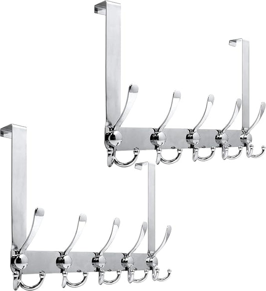 WEBI Over The Door Hook Door Hanger Hook Rack with 5 Tri Hooks for Hanging Coats, Over Door Towel Rack Door Coat Towel Hanger Over Door Coat Rack,Silver,2 Packs