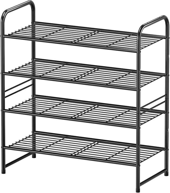 Shoe Rack Metal, Closet Shoe Organizer 4 Tier, Stackable & Adjustable, Black