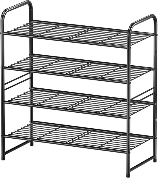 Shoe Rack Metal, Closet Shoe Organizer 4 Tier, Stackable & Adjustable, Black