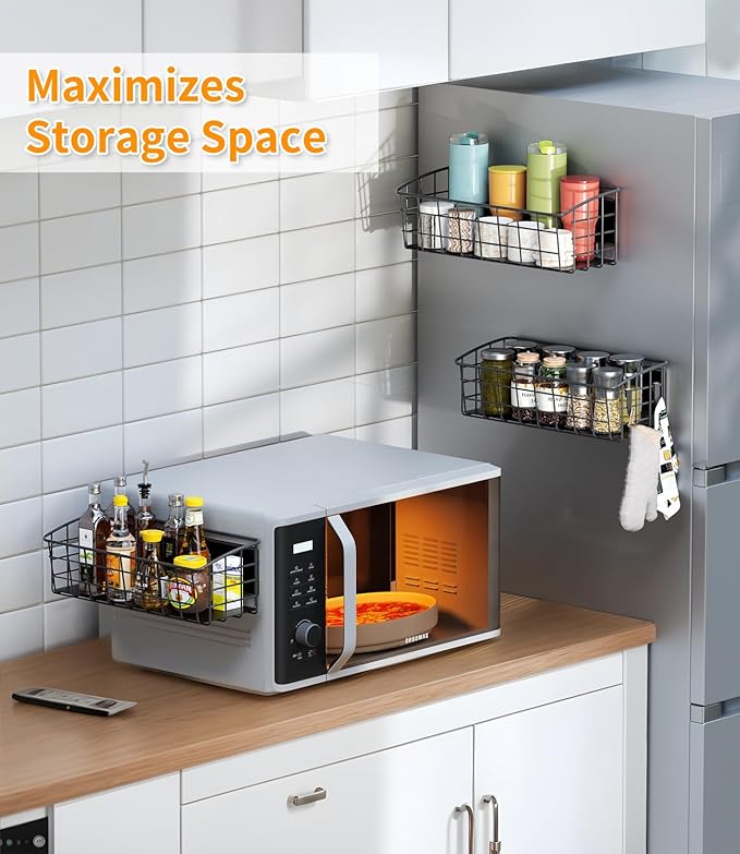 Magnetic Shelf for Refrigerator 2-Pack, Strong Magnetic Spice Rack with Removable Hooks for Kitchen Storage, Fruit Potato Onion Storage Shelves, Large Magnetic Basket Organizer for Fridge Oven Laundry