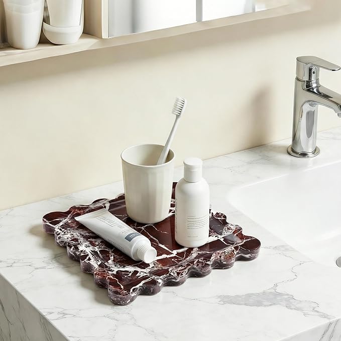 Elegant Square Marble Decorative Tray with Scalloped Edge Natural Stone Vanity Tray Organizer for Counter, Vanity, Dresser, Nightstand, Bathroom & Kitchen Sink(Rosso Lepanto)