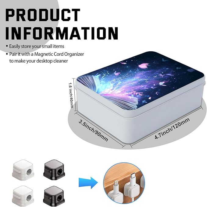 Metal Tin Box with Lid,Multi-functional Storage Box Can Store Tea Biscuits Game Cards, Playing & Tarot Cards-Comes with 4 Magnetic Cord Clips,Magical Book with Butterflies