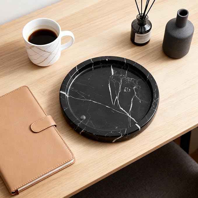 Natural Marble Tray for Rings and Jewelry Dish, 5.91 inch Round Decorative Tray for Kitchen, Vanity, Bathroom,Dressing Table, Bedside Table, Home Decor, Black (NS028)