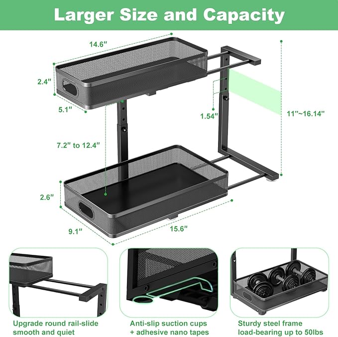 Under Sink Organizer, Height Adjustable 2 Tier Under Sink Organizers and Storage, Slide Out Metal Cabinet Organizers, Pull Out Sink Storage Drawer Shelf for Kitchen Bathroom Cabinet, Black, 2 Pack