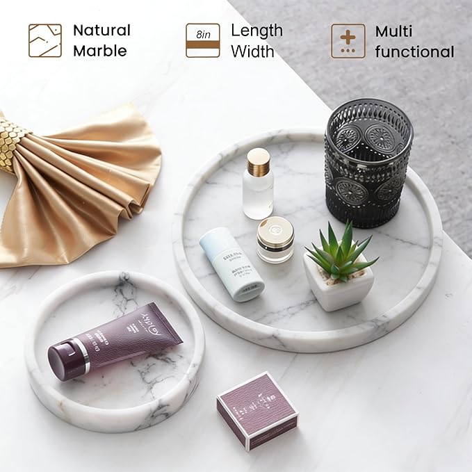 Natural Marble Tray, Round White Tray for Bedroom/Bathroom/Kitchen/Vanity Countertop, Jewelry Tray for Rings Earrings Necklace Bracelet Watch, Room Decor Aesthetic