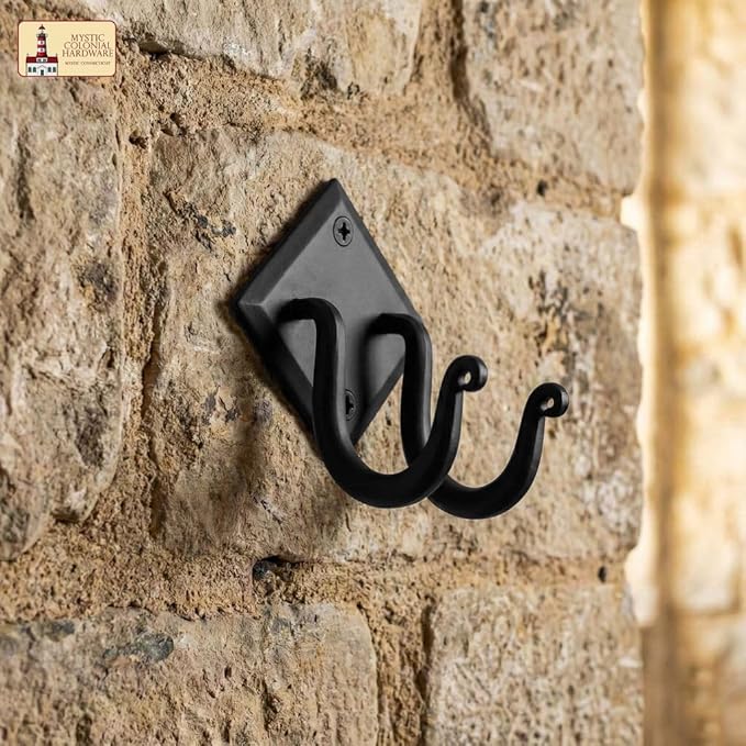 Mystic Colonial Rustic Hand Forged Iron Wall Hook with Two Hangers: Ideal for Victorian, Colonial, Retro, Steampunk, Gothic, and Baroque Settings 8.8 cm Black Pack of 10