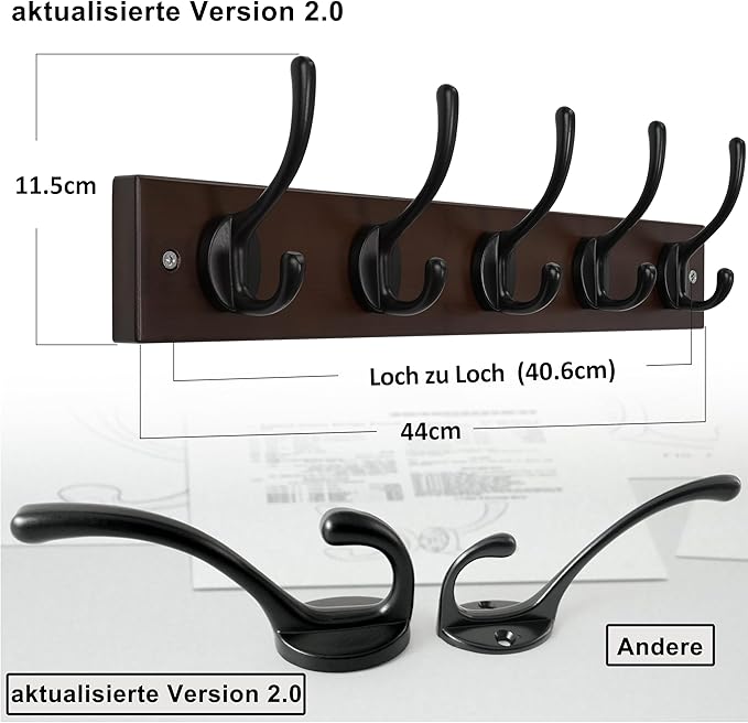 Dseap Wall Mounted Coat Rack: 16" Hole to Hole, Coat Hook Hanger with 5 Metal Hooks for Hanging Coats Towels Hats Clothes,Light Walnult