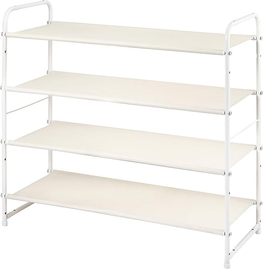 Simple Trending 4 Tier Stackable Shoe Rack, Expandable & Adjustable Fabric Shoe Shelf Storage Organizer, White