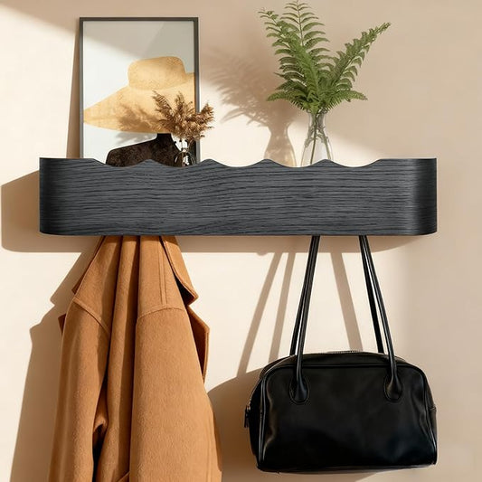 Wall Coat Rack Floating Shelves Modern Coat Rack Wall Mount with Storage Entryway Shelf Wooden Hanger 20 Inch 4 Hidden Metal Hooks for Living Room Bedroom (Wavy Black, 5 Hooks)