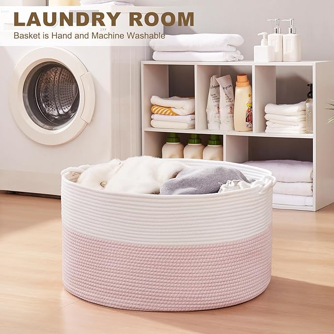 Large Blanket Storage Basket for Living Room, 22.8" x 22.8" x 13" Woven Cotton Rope Basket with Handles, Baby Toy Storage, Laundry Hamper for Clothes, Pillows, Towels-Pink and White