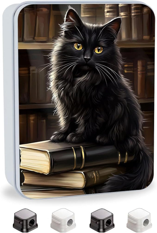 Metal Tin Box with Lid,Multi-functional Storage Box Can Store Tea Biscuits Game Cards, Playing & Tarot Cards-Comes with 4 Magnetic Cord Clips,Black Cat on Books