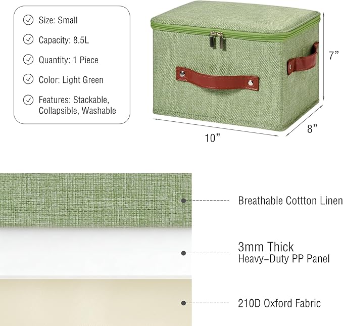 Storage Bin Box with Zippered Lid Cotton Linen Fabric Decorative Basket PU Leather Handles PP Plastic Board Foldable Lidded Clothing Shelf Closet Organizer Container (Light Green, Small)