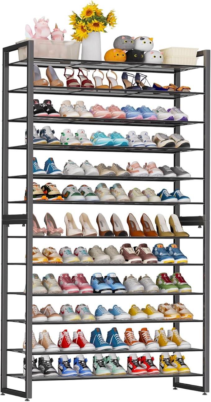 Simple Trending Shoe Rack Holds 60 Pairs, 12 Tier Shoe Organizer, Heavy Duty Large Metal Stackable Shoe Storage for Closet, Black