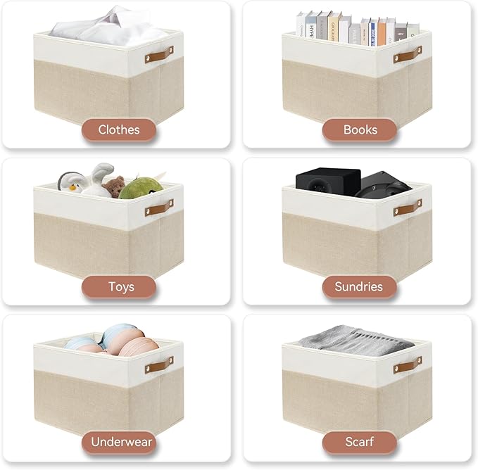 SNWDN 6 Pack Fabric Storage Baskets for Organizing Collapsible Fabric Storage Bins with Handles for Home organization and storage (White/Beige 15''Lx10.2''Wx9''H)