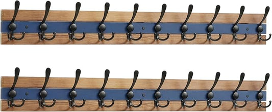 SKOLOO Rustic Coat Rack Wall Mount- 38-1/8" Long Coat Hooks for Wall with 10 Triple Hooks for Hanging Coats, Hats or Tools, Western National Parks Collection, Wood Brown & Blue, Pack of 2