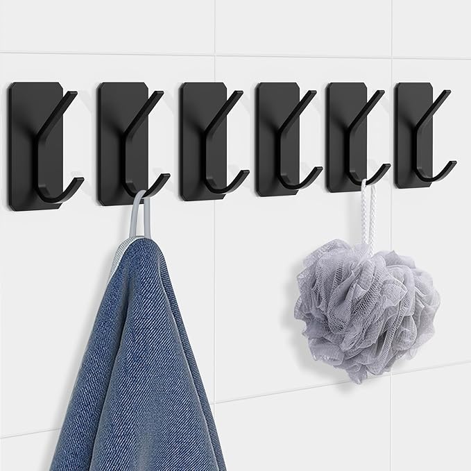 PMMASTO Self-Adhesive Towel Hooks - Sticky Heavy Duty Wall Robe Coat Hook for Hanging- Shower Hooks (Black, “ K ”Shape 6PC)