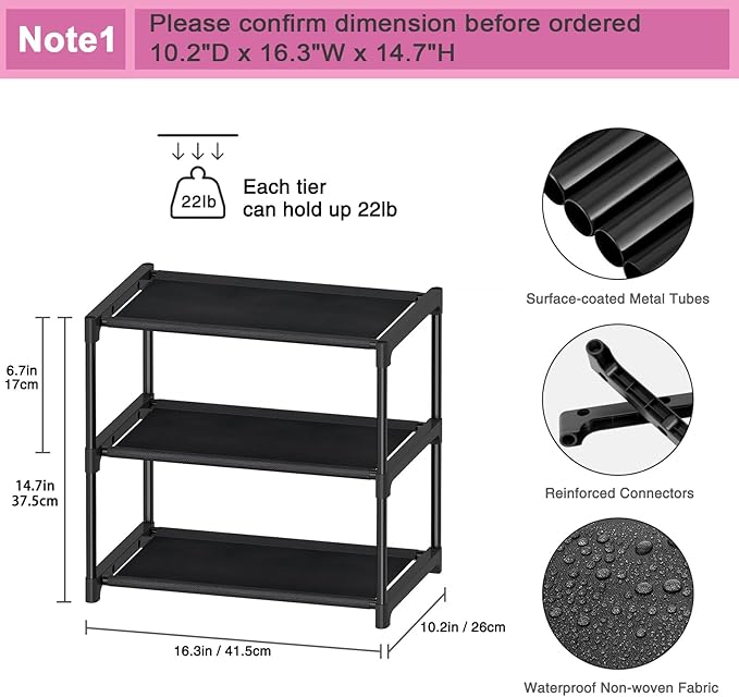 3 Tier Extra Small Shoe Rack (16.3" Wide), Narrow Stackable Shoe Shelf for Kids Toddler Adult, Ultra-Lightweight Shoe Rack Stand for Closet Dorm Bedroom Storage Organizer, Entryway