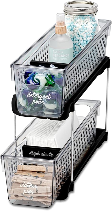 Madesmart Mini 2-Tier Plastic Multipurpose Organizer with Divided Slide-Out Storage Bins, Compact Under Sink and Cabinet Organizer Rack, Carbon