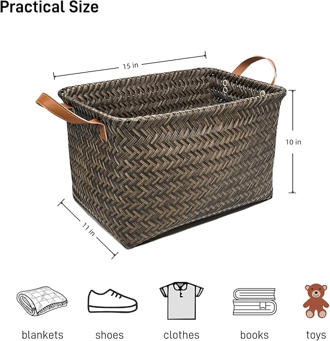 GIB Large Wicker Storage Baskets for Shelves, Woven Laundry Basket for Organizing Clothes Blanket Basket, Decorative Rectangular Closet Organizers Storage Bins with Handles, Black/Dark Gray, 4 Pack