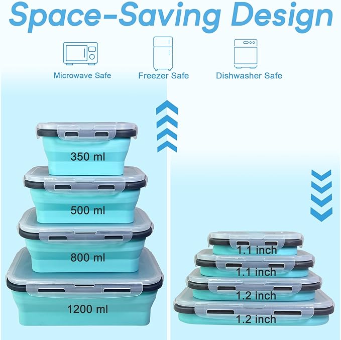 Guyuyii 4 Pack Collapsible Food Storage Containers with Lids | Airtight Meal Prep Bowls for Camping & RV | Microwave, Oven, & Dishwasher Safe (BPA-Free) | Space Saving Alternative to Freezer Tray