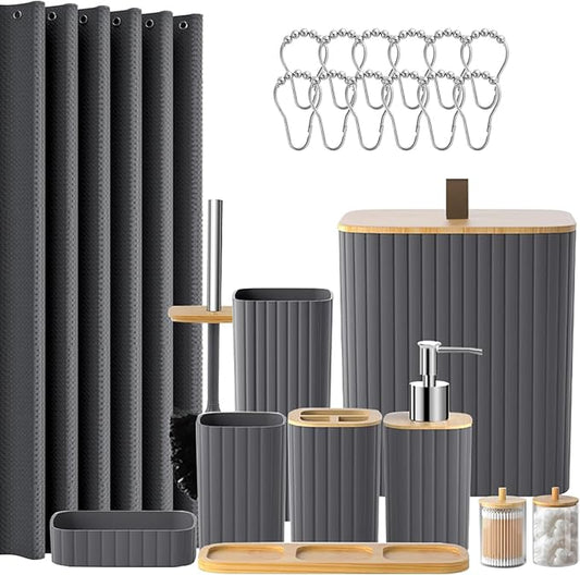 Bathroom Set - 22PCS Grey Bathroom Accessories Set Trash Can Toilet Brush Holder Set Soap Dispenser Bathroom Accessory Set with Shower Curtain Bathroom Decor Set for Home, Restroom
