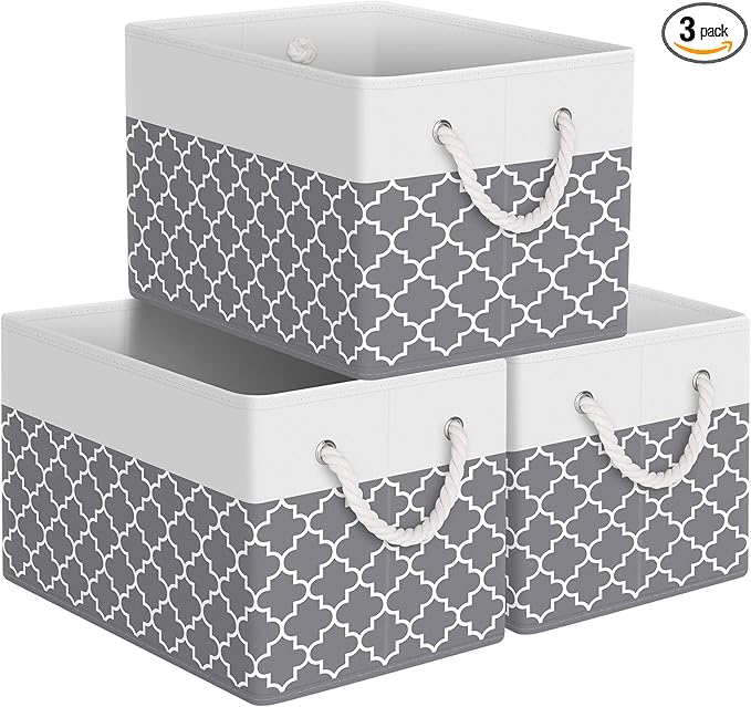 Storage Bin,Collapsible Storage Basket For Organizing,Large Storage Boxes With Rope Handles,Storage Containers,Clover Grey,3 Pack
