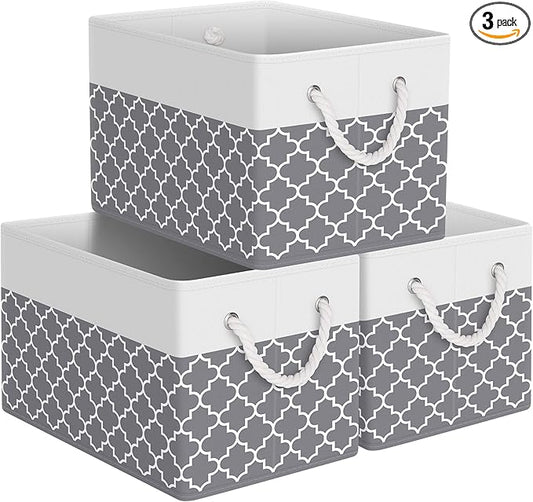 Storage Bin,Collapsible Storage Basket For Organizing,Large Storage Boxes With Rope Handles,Storage Containers,Clover Grey,3 Pack