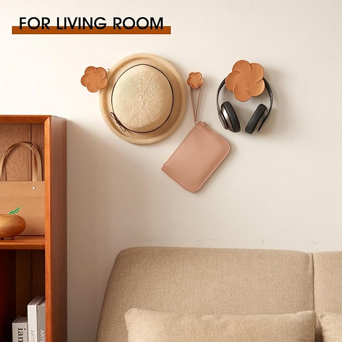 Cherry Wood Wall Hooks Flower-Shaped Wooden Coat Rack Wall Mount, Handcraft Coat Hooks Heavy Duty Entryway Wall Hangers for Hanging Hats, Bags, Clothes Decorative Hook (Diameter 12cm, Pack of 1)