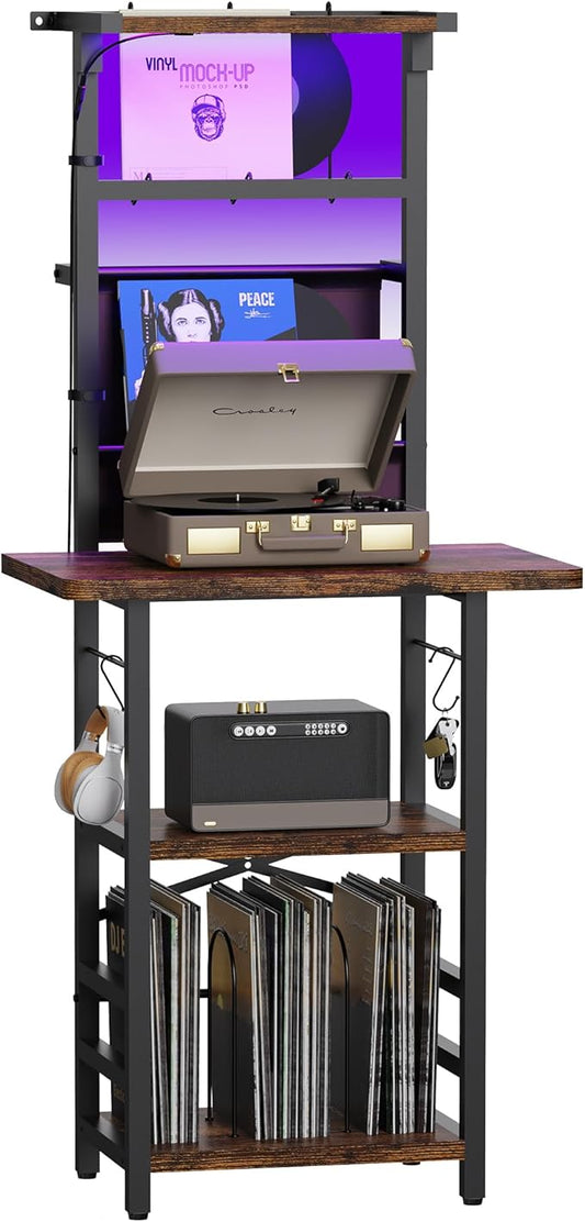 Record Player Stand with Led Light,Record Player Table with Vinyl Storage,Turntable Stand with Record Holder Vinyls Display Shelf for Music Room Studio,Brown