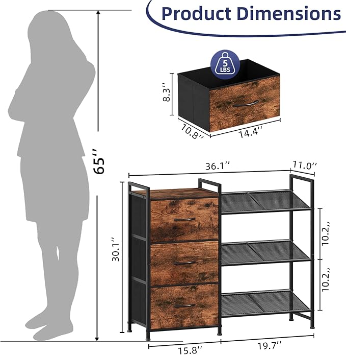 Somdot Shoe Rack, 3 Tier Shoe Organizer with 3 Drawers, Metal Shoe Storage Shelf for 6-9 Pairs of Shoes, Narrow Shoe Rack for entryway, Wood Grain Print
