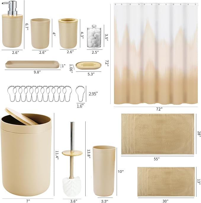 iMucci Bathroom Accessories Bathroom Sets with Shower Curtain, Bath Towel Set, Trash Can, Toilet Brush, Soap Dispenser, Bathroom Accessories Set Complete