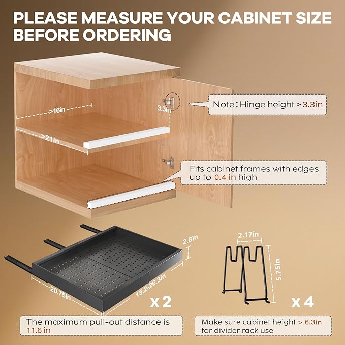 2 Pack Pull out Cabinet Organizer 21" Deep With Raising Pad for Framed Cabinets,Expandable (15.2"-26.3"W) Slide out Drawers for Kitchen Cabinets with 4pcs Divider Racks,Roll out Shelves,Black