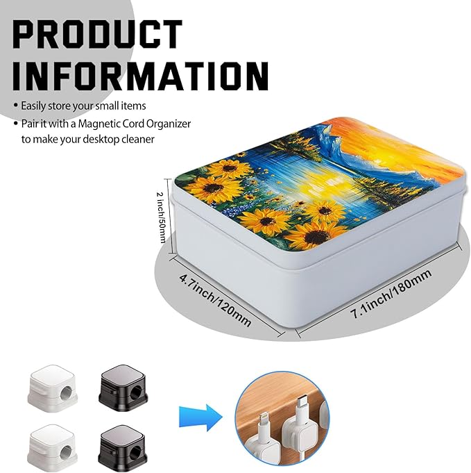 Metal Tin Box with Lid,Multi-functional Storage Large Box Can Store Tea Biscuits Game Cards, Playing & Tarot Cards-Comes with 4 Magnetic Cord Clips,Sunset Mountain Lake