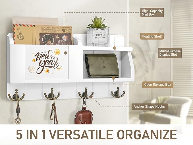 Rebee Vision Key and Mail Organizer Wall Mount - Decorative White Key Holder for Wall – Rustic Home Decor