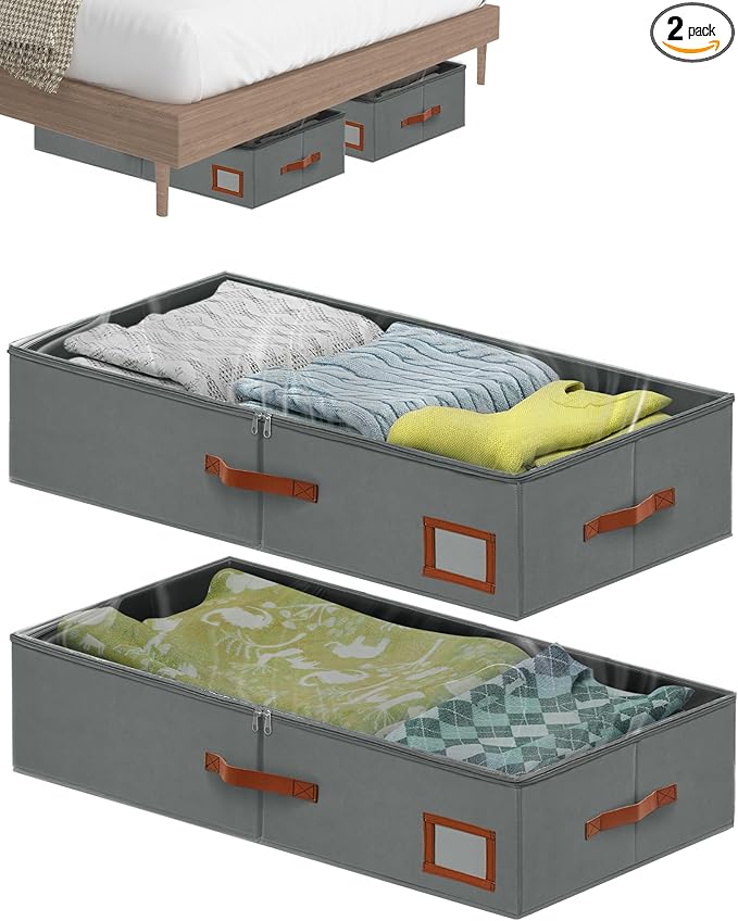 6 Inch Under Bed Storage Containers, 2 Pack Large Underbed Storage Bins w/Clear Lid & Sturdy Sidewall, Foldable Closet Organizer for Dorms, Bedroom, Clothes, Shoes, Bed Sheets, Blankets (Grey)