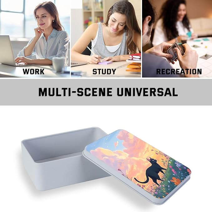Metal Tin Box with Lid,Multi-functional Storage Box Can Store Tea Biscuits Game Cards, Playing & Tarot Cards-Comes with 4 Magnetic Cord Clips,Black Cat in Flower Field