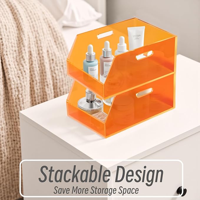 Gelite Stackable Storage Bins Open Front Organizer Bins with Handles Acrylic Storage Container for Pantry Kitchen Cabinet Bathroom Closet Office Organization, 15.4x11.4x6.7'', Neon Orange