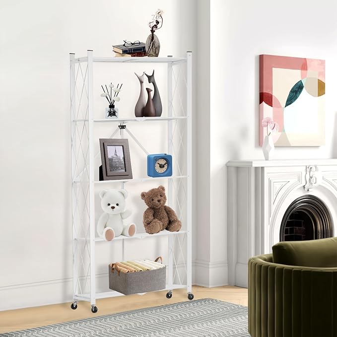 5 Tier Folding Shelf with Wheels,Metal Steel Collapsible Shelves,No Assembly Portable Shelves Organizer Rack,Rolling Standing Utility Rack for Kitchen, Pantry, Office, White