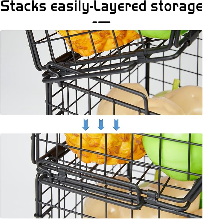 X-cosrack 3-Tier Stackable Wire Baskets for Counter, Fruit and Vegetable Storage, Potato and Onion Storage Bin，Kitchen Pantry Organizer - Wall Basket for Produce/Snack/Can, Black
